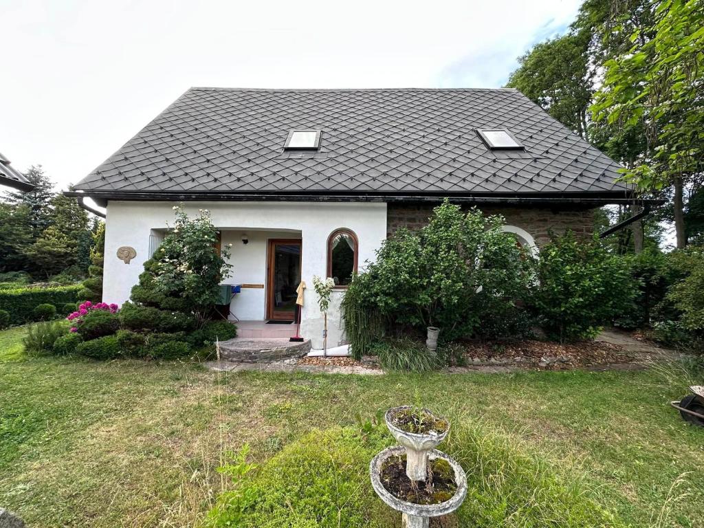 una pequeña casa blanca con techo negro en Chalupa Olšinka, en Velké Poříčí