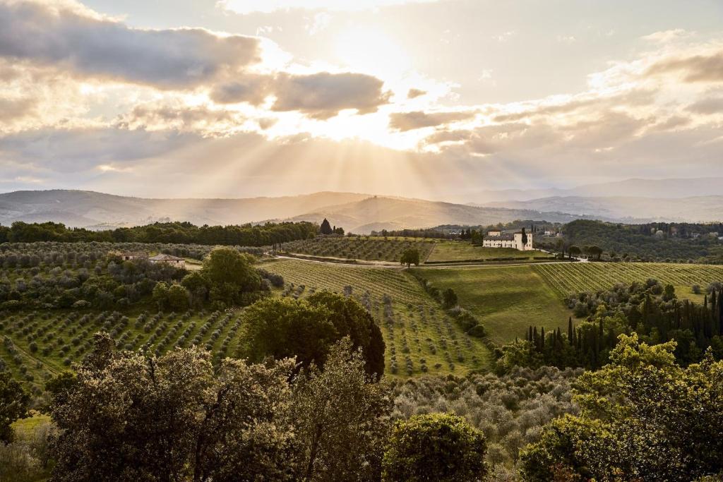 a view of a vineyard with the sun shining on the horizon at COMO Castello Del Nero in Tavarnelle in Val di Pesa