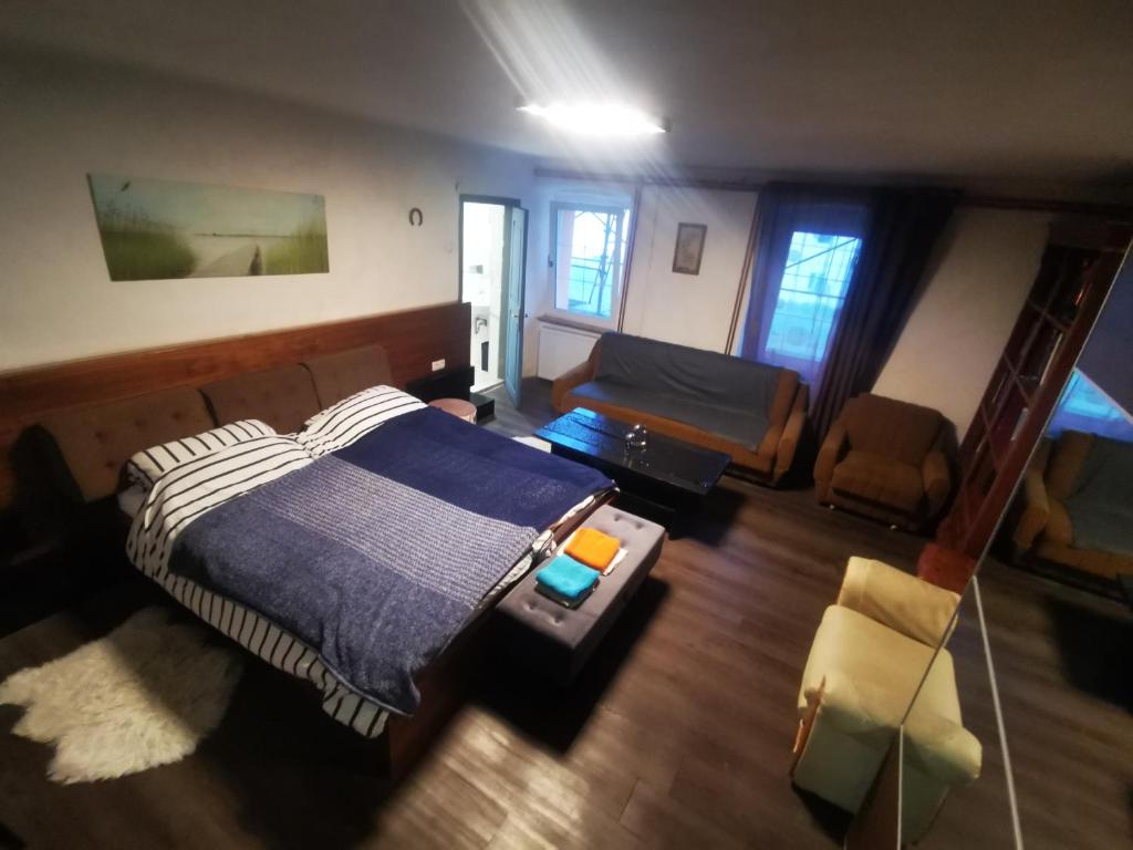 een slaapkamer met een bed en een bank bij Pasja Grofica in Idrija