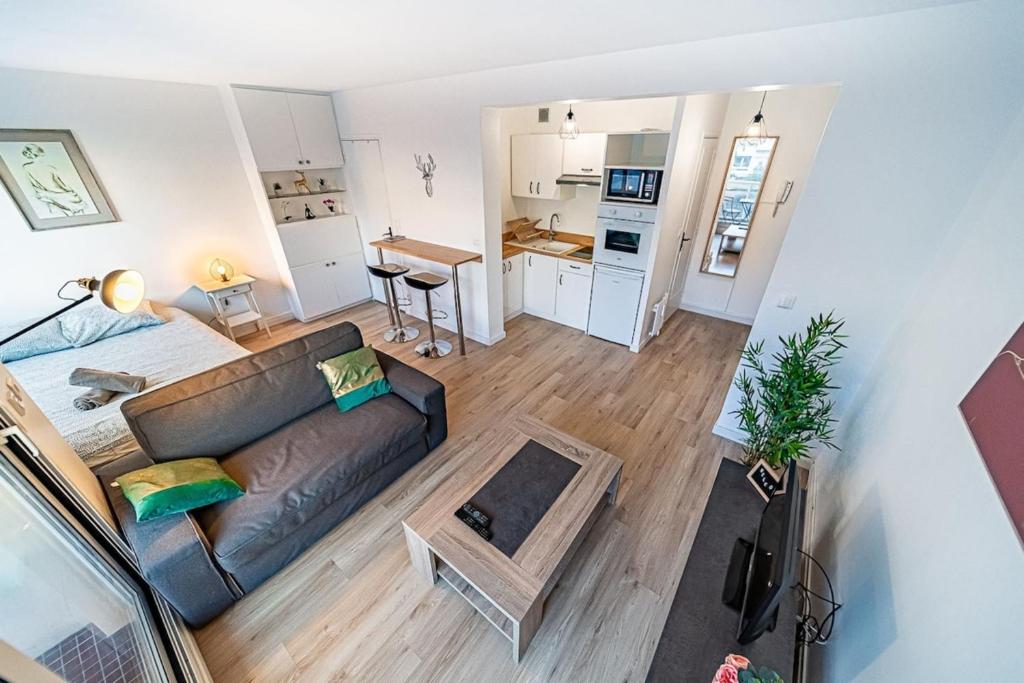 eine Aussicht über ein Wohnzimmer und eine Küche mit einem Sofa in der Unterkunft Le petit Massena-cosy 2 pers balcon- Part Dieu in Lyon