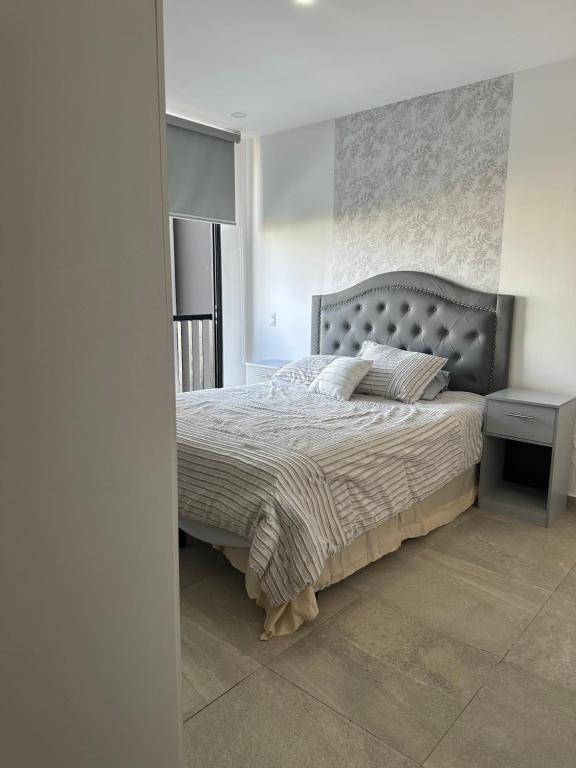 聖薩爾瓦多的住宿－Paradise Apartment，一间卧室配有一张大床和灰色床头板