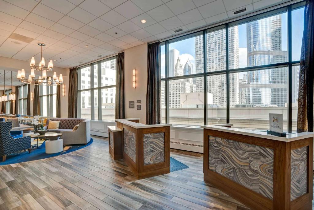 a lobby with a view of a skyscraper at Homewood Suites by Hilton Chicago Downtown in Chicago