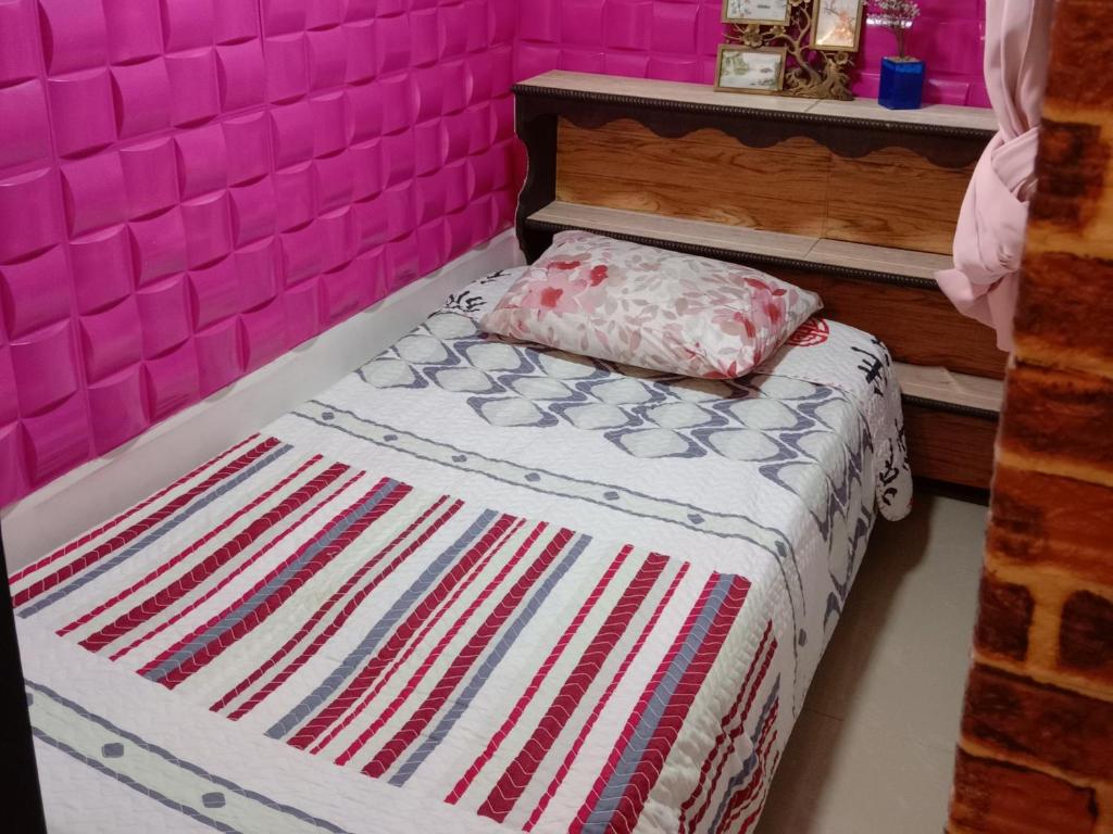 a bed in a room with a pink wall at APARTAMENTO PARA TRES PERSONAS a 10 minutos del centro de eventos valle del pacifico y a la misma distancia del centro de la ciudad Y también a 300 mts del Orquideorama in Cali