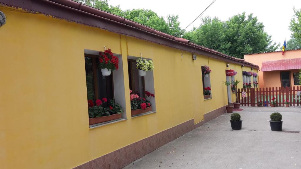 um edifício amarelo com flores nas janelas em Pensiunea Sans Rival em Iaşi