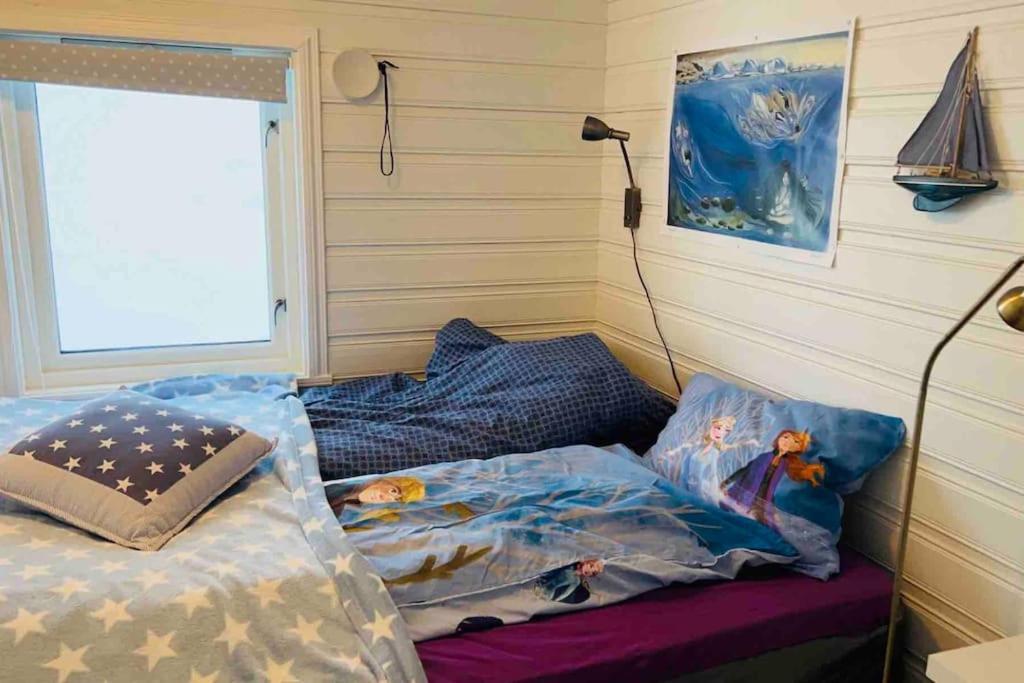 Skakkebakken的住宿－GuestHouse Seiland，一张位于房间的床,上面有两个枕头