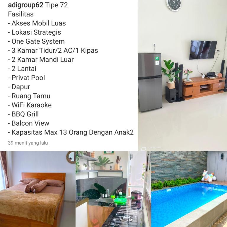 a collage of photos of a living room with a pool at Villa Adigroup Bayar Offline in Batu
