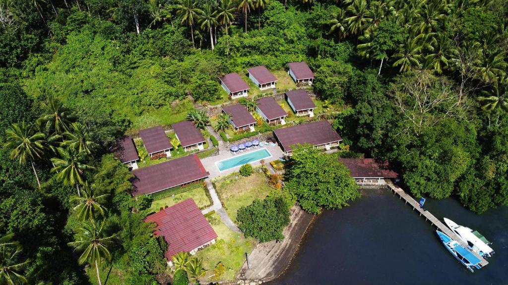 uma vista aérea de uma ilha com um resort em Thalassa Dive Resort Lembeh em Airtembago