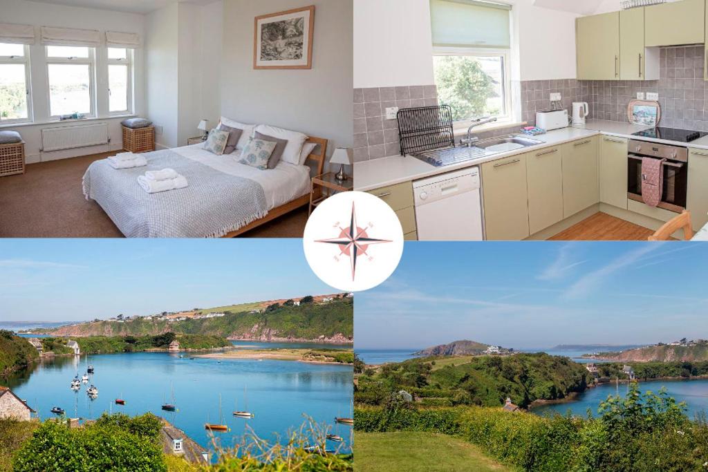 a collage of three pictures of a kitchen and a bedroom at Island View at White Horses, Bantham, South Devon - with glorious sea views in Bigbury on Sea