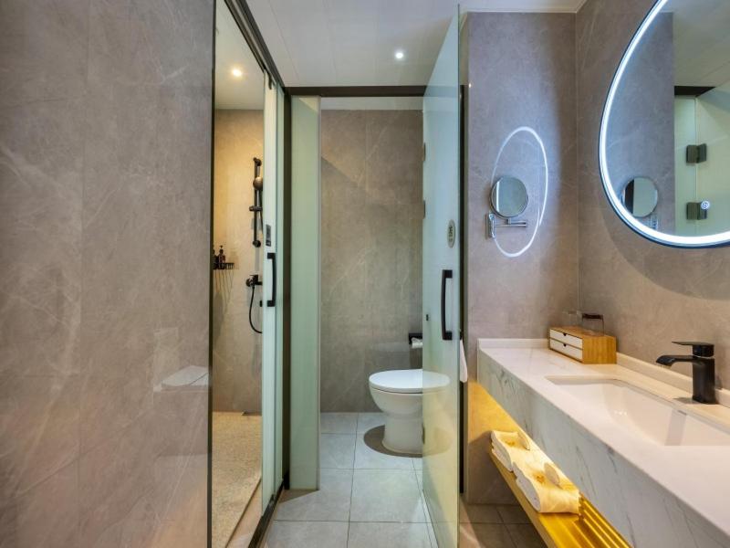 a bathroom with a toilet and a sink and a shower at GreenTree Eastern Hotel Jiaxing Jiangnan Moore Store in Jiaxing