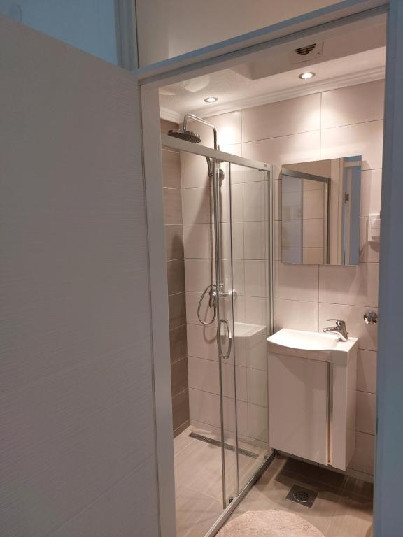 a bathroom with a shower and a sink at Stan-apartman A&A in Banja Luka