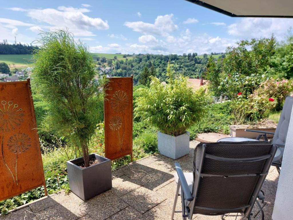 eine Terrasse mit Stühlen und Topfpflanzen und Aussicht in der Unterkunft Ferienwohnung Familie Aestel in Altensteig