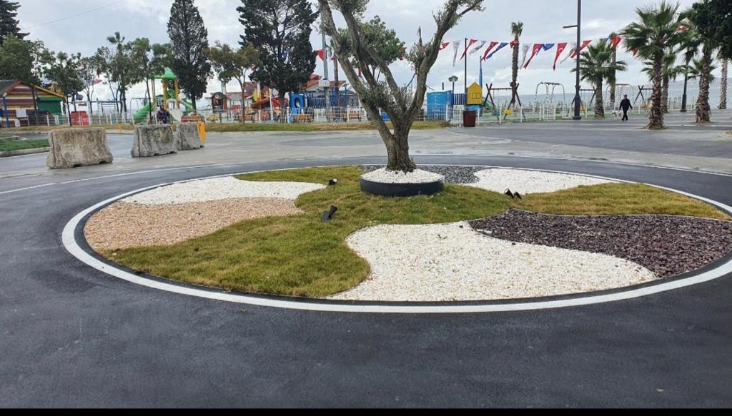 a tree in a circle in the middle of a street at Albatros in Buyukcekmece