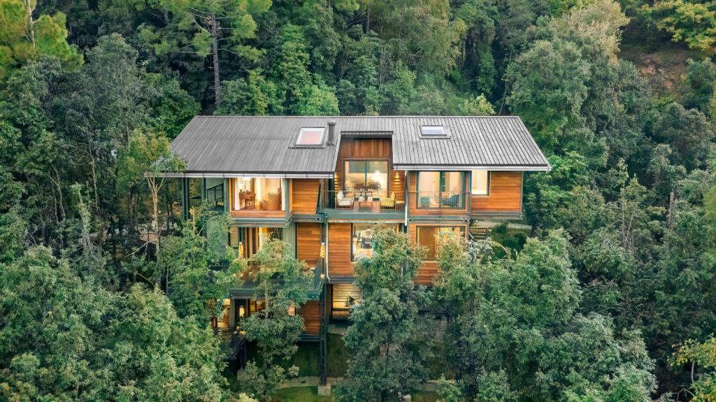 a wooden house in the middle of a forest at RAAS Devanya in Bhīm Tāl