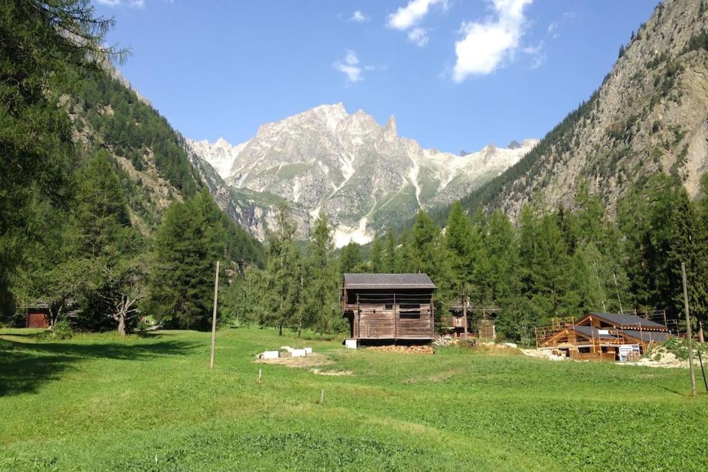 a cabin in a field with mountains in the background at Chalet with style in the beautiful Val Ferret in Praz-de-Fort