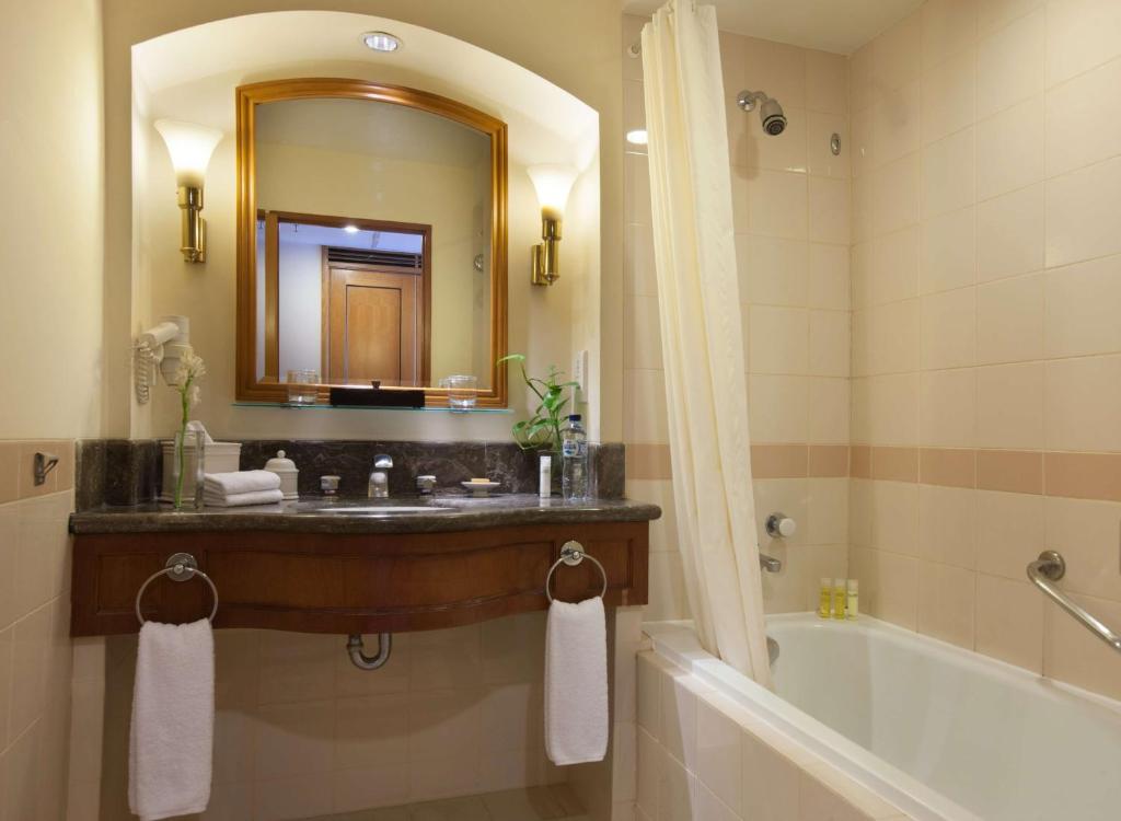 a bathroom with a sink and a tub and a mirror at Hyatt Regency Yogyakarta in Yogyakarta