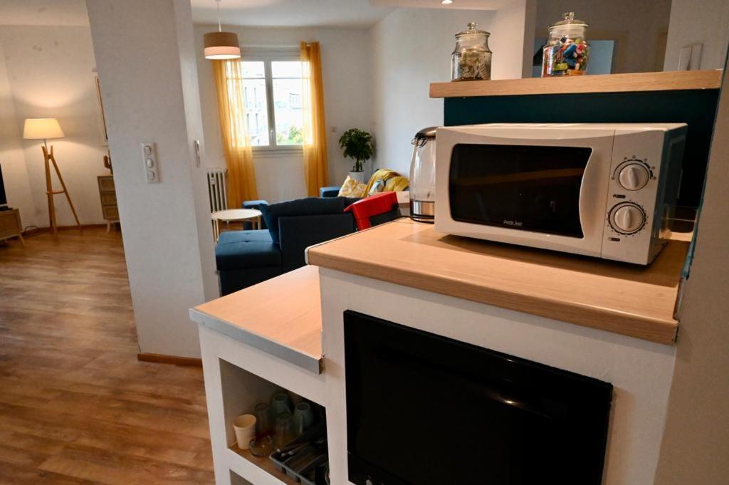 a microwave on top of a counter in a living room at Grand appartement cosy-Hyper Centre-Place Verdun in Tarbes