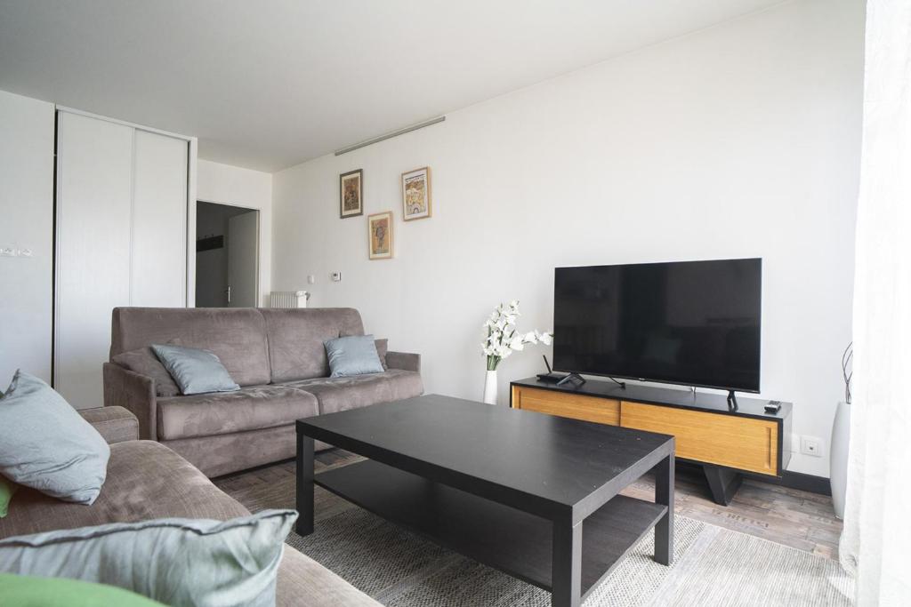 a living room with a couch and a flat screen tv at Comfortable love nest on the outskirts of Paris in Montreuil