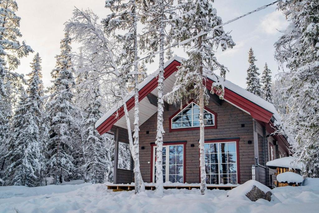una cabaña de madera en el bosque en la nieve en Kåvanstugan Funäsdalen en Funäsdalen