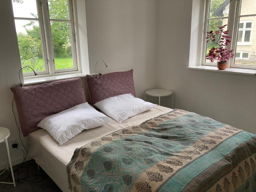 ein Bett in einem Schlafzimmer mit zwei Fenstern in der Unterkunft Ørbakke in Græsted