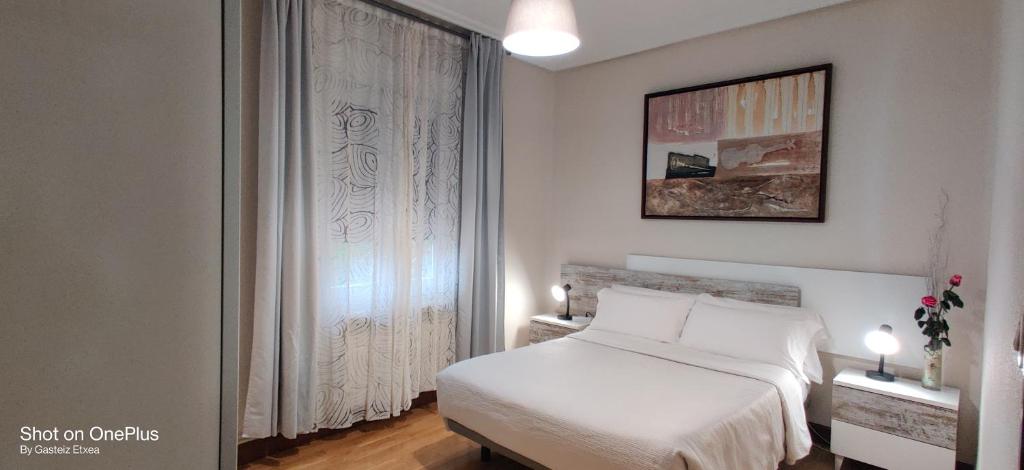 a bedroom with a white bed and a window at Gasteiz Etxea Il in Vitoria-Gasteiz