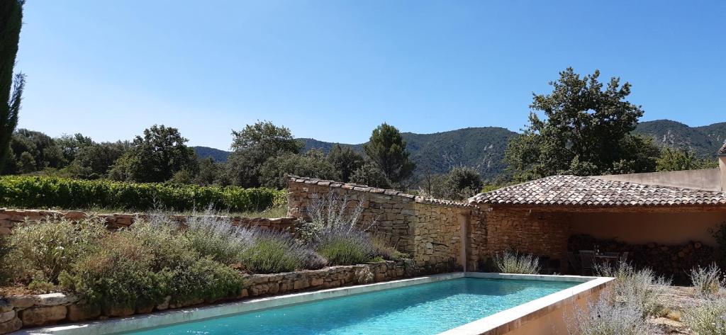 a swimming pool in a garden with a stone wall at Mas du Figuier Oppede Luberon in Oppède