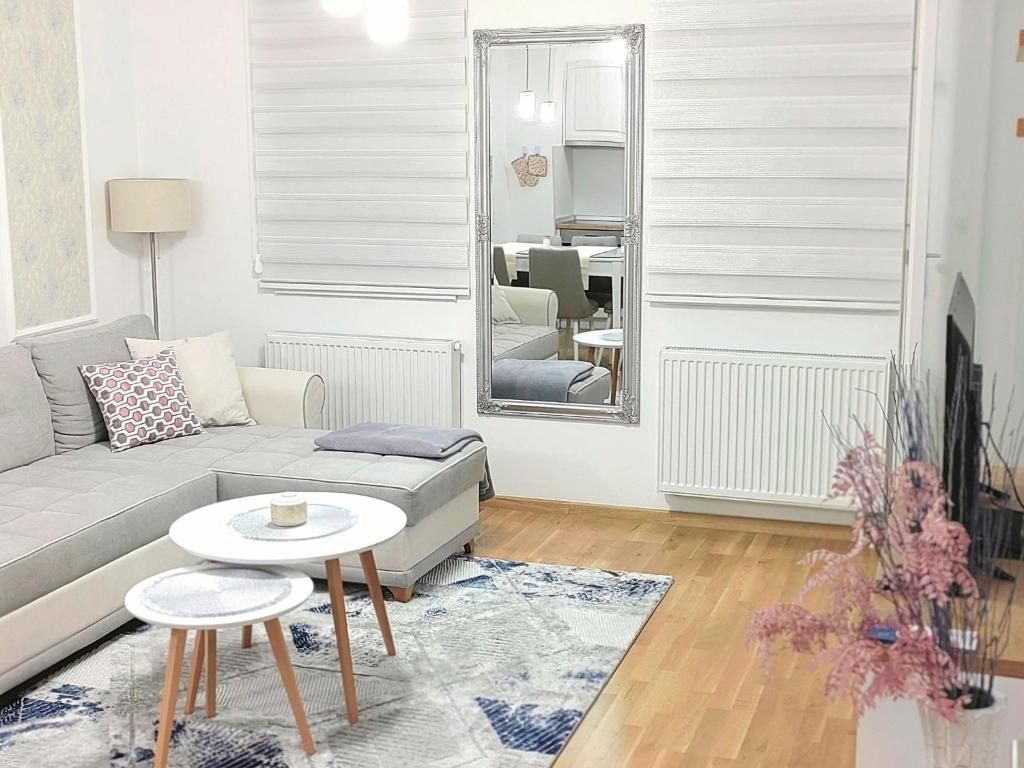 ein Wohnzimmer mit einem Sofa und einem Spiegel in der Unterkunft Silver Apartment in Pale