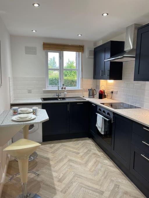 una cucina con armadi neri e lavandino di 2 bed city centre modern flat a Edimburgo