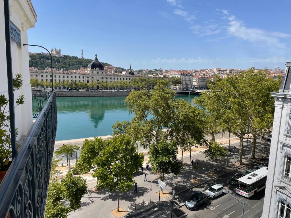 a view of a river from a building at vue sur Rhône in Lyon