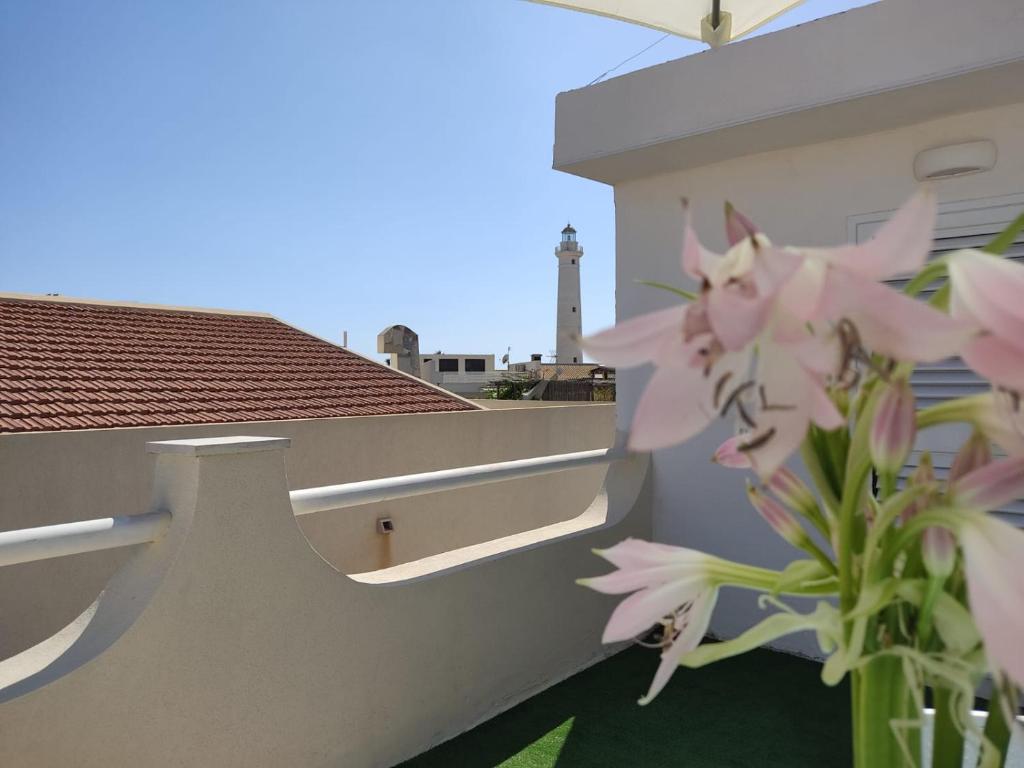 een uitzicht vanaf het balkon van een huis met roze bloemen bij Brezza di mare in Punta Secca
