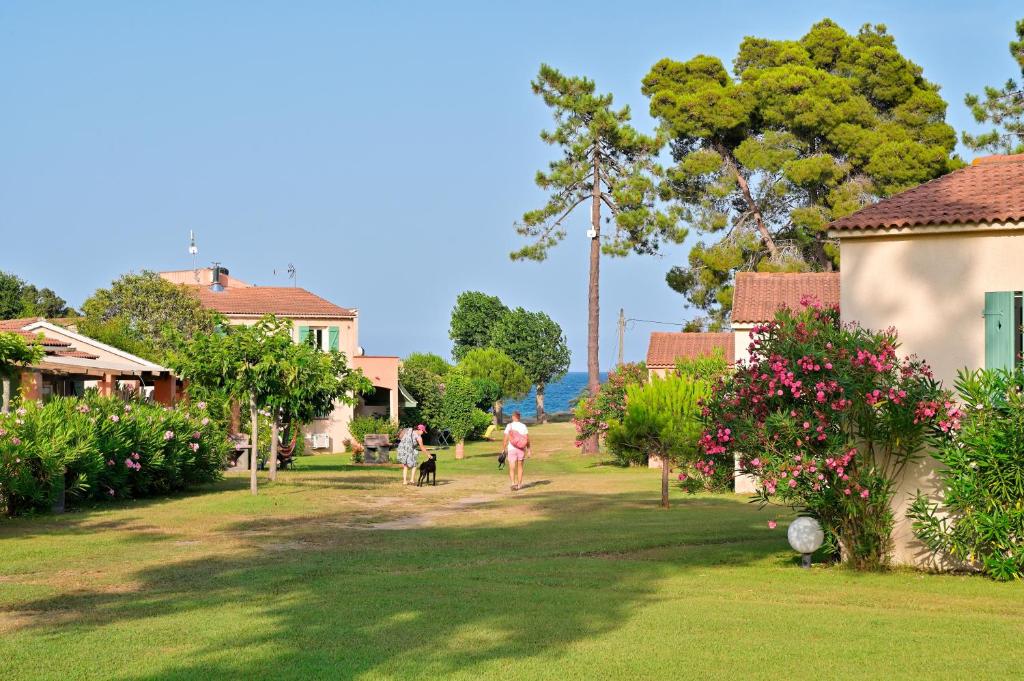 a group of people walking their dog in a yard at Pinea Mare in Poggio-Mezzana