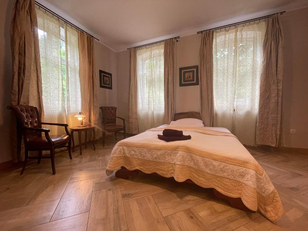 a bedroom with a bed and a table and windows at Sunny Bear Bed & Breakfast in Jelenia Góra