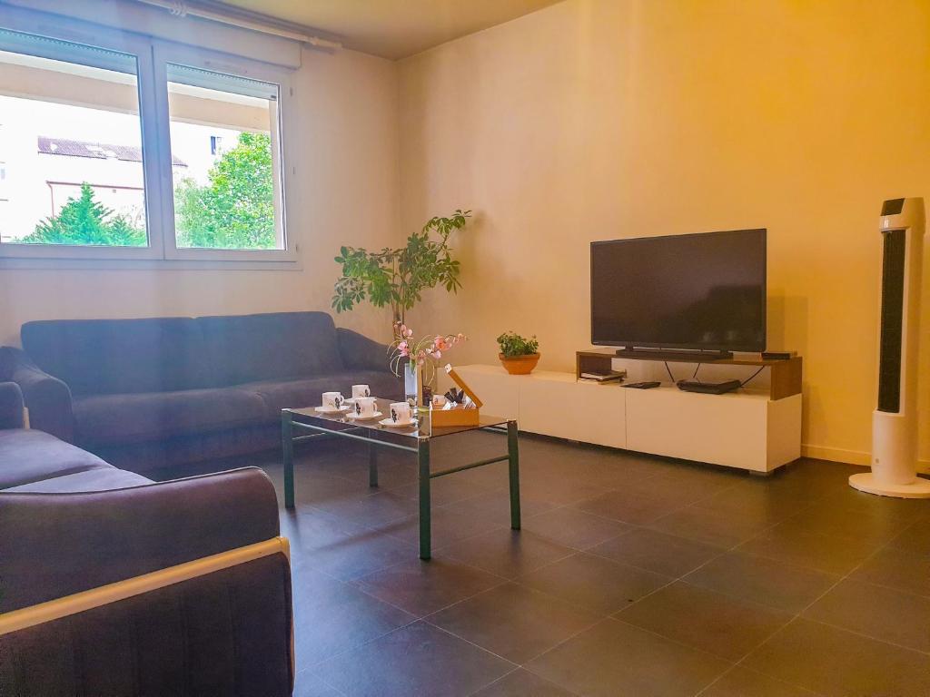 a living room with a couch and a flat screen tv at ZOLA T2 calme et équipé limitrophe de Lyon avec le métro à 3min in Villeurbanne
