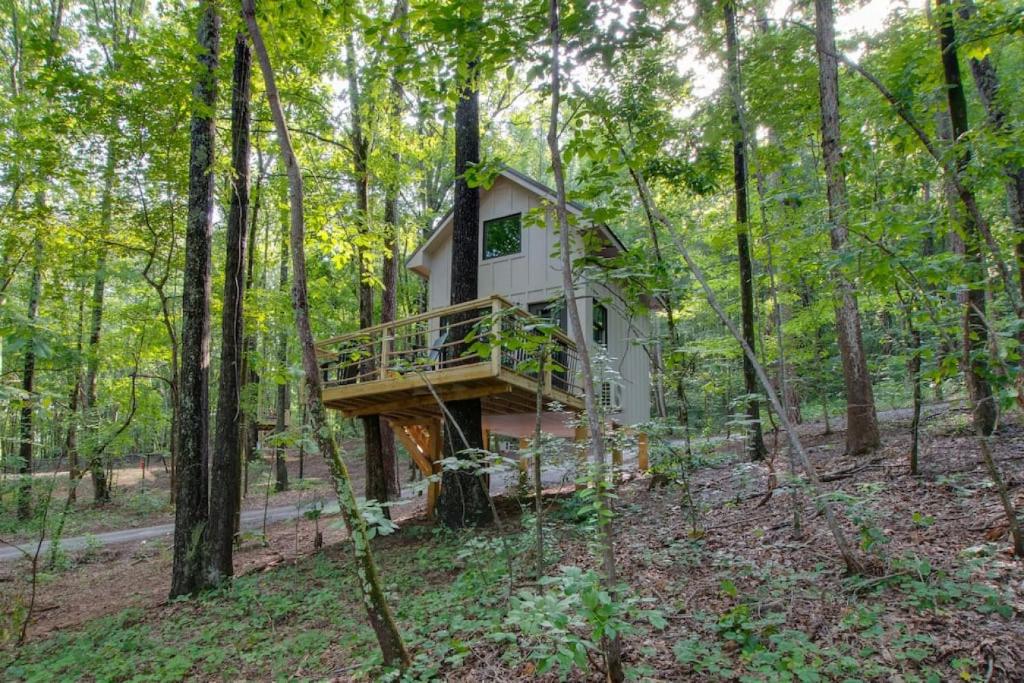 una casa sull'albero in mezzo al bosco di Birch Luxury Treehouse near Lake Guntersville a Scottsboro