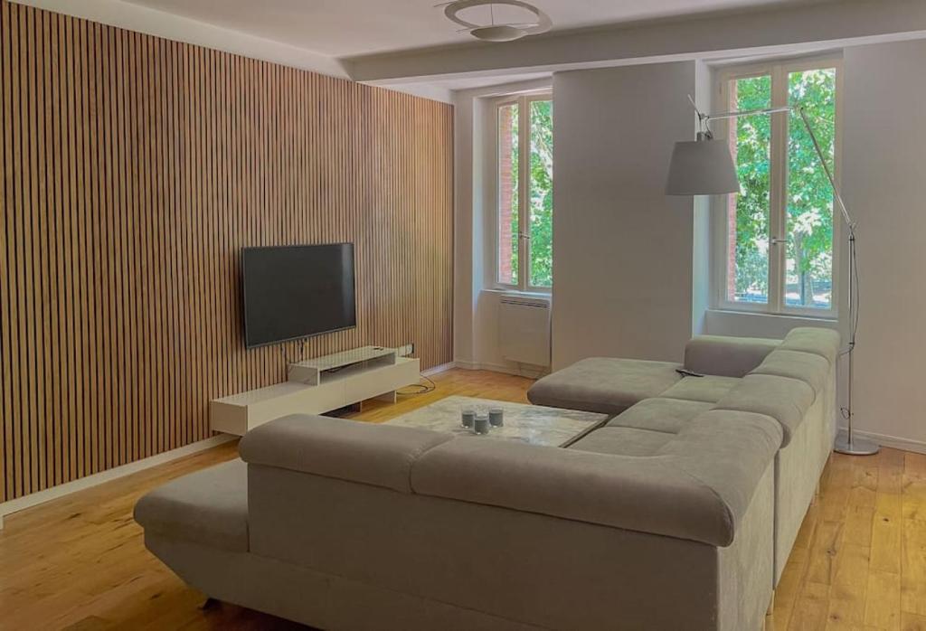 a living room with a couch and a flat screen tv at Superbe Appartement au bord de la Garonne Toulouse in Toulouse