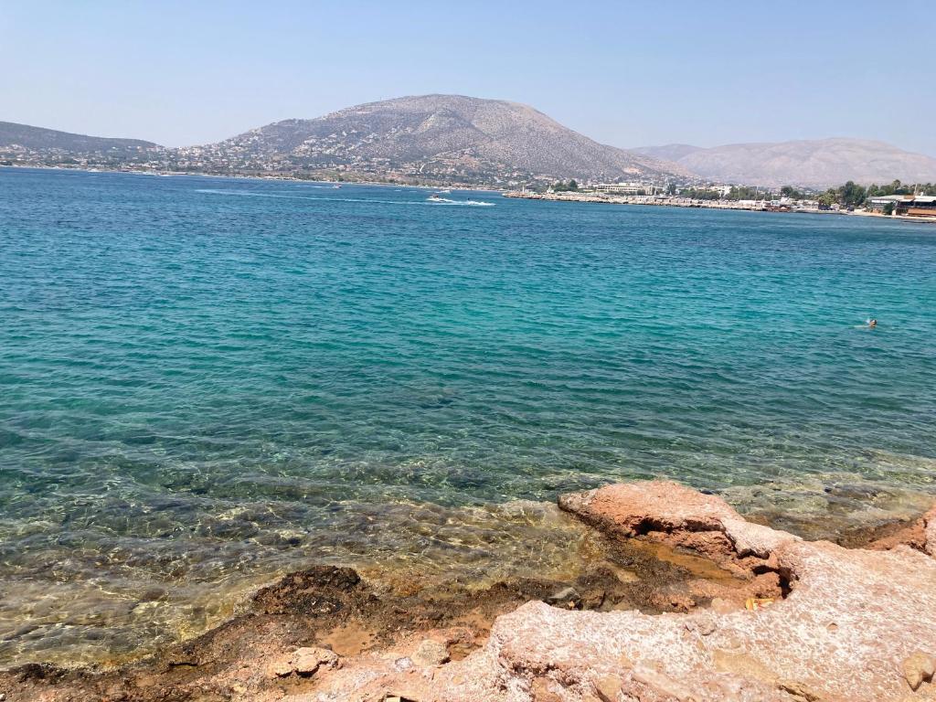 Athens Riviera-SEAVIEW Apartment-Walk to the beach-Minutes away from Sounio-Updated 2023! في Áyios Yeóryios: كمية كبيرة من المياه مع الجبال في الخلفية