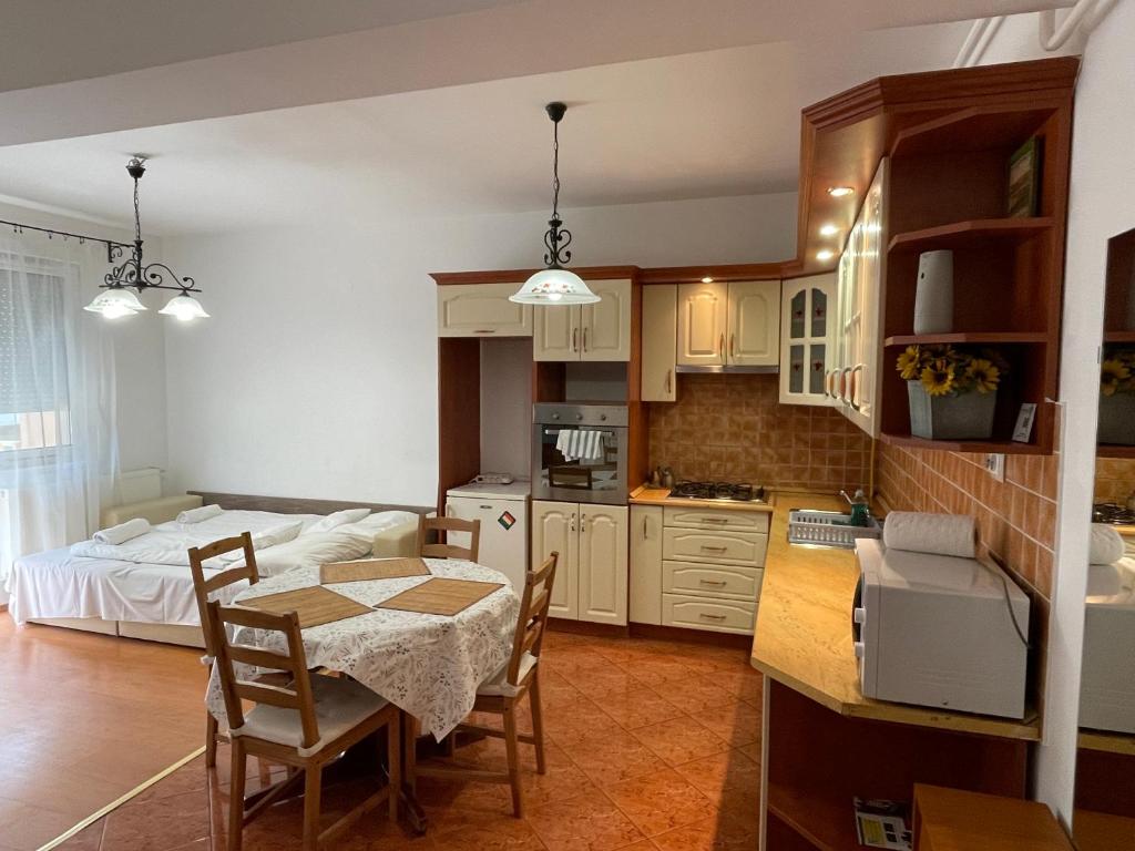 ハイドゥソボスローにあるZoli Apartmanok-Anita Kölcsey 34-36のキッチン、リビングルーム(テーブル、ベッド付)