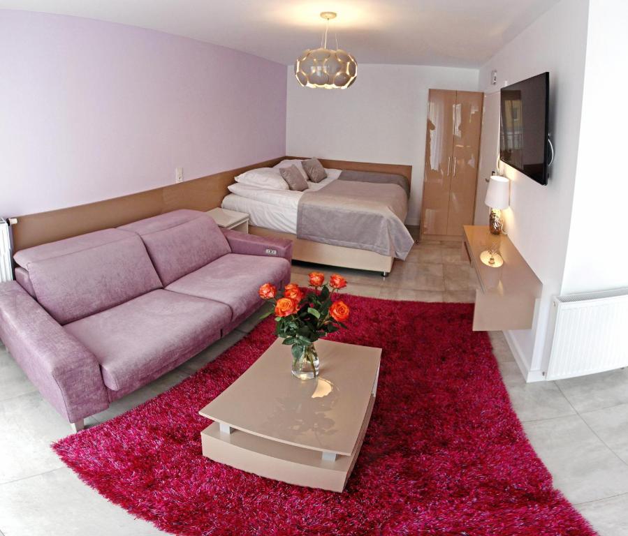 a living room with a couch and a bed at Apartamenty Ogrody in Koszalin