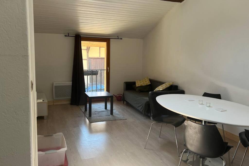 una sala de estar con un sofá y una mesa en Apartment in Alsace 300m from Switzland, en Pfetterhouse