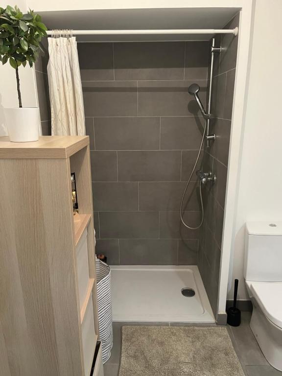 uma casa de banho com um chuveiro, um WC e um lavatório. em Chez Liloo em Montpellier
