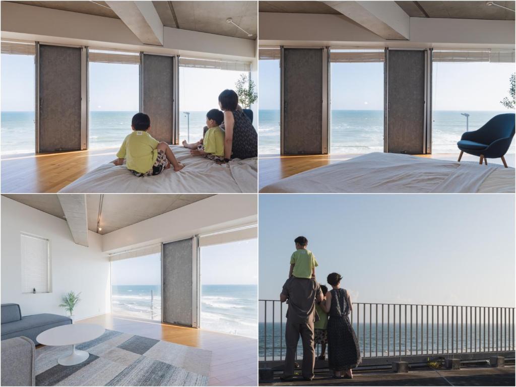 a group of four pictures of people looking out at the ocean at 湘南OCEAN HOUSE in Koshigoe