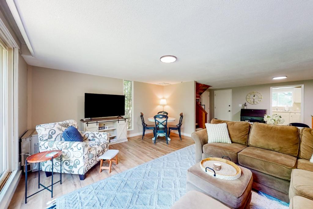 a living room with a couch and a tv at Mad River Mountain Getaway in Thornton