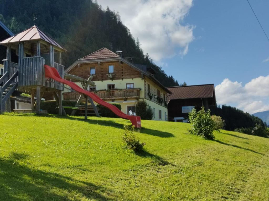 a slide in the grass in front of a house at Hefenscherbauer in Annaberg im Lammertal