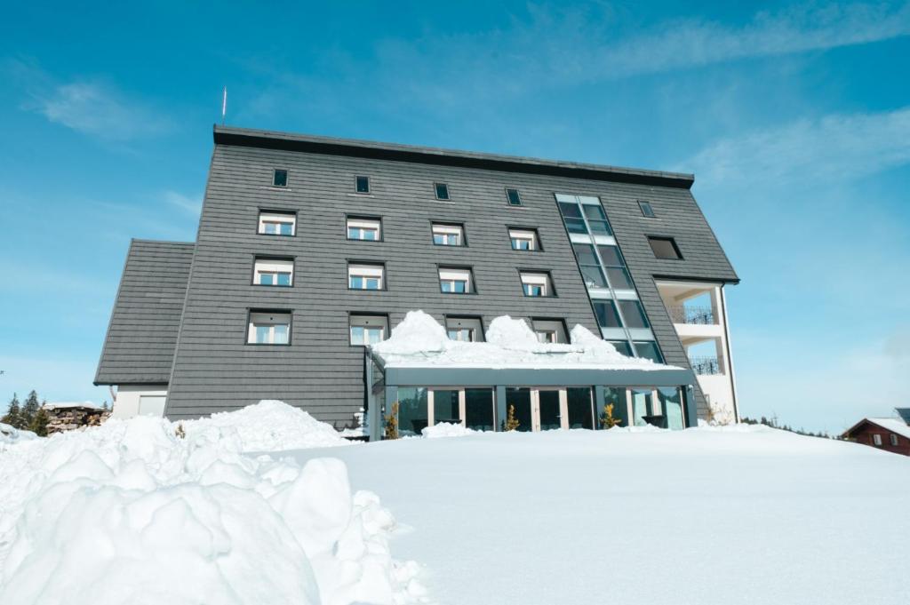 a building with a pile of snow in front of it at La MOONte in Păltiniş