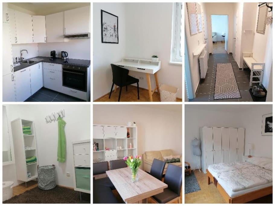 eine Collage mit Fotos von einer Küche und einem Wohnzimmer in der Unterkunft Wundervolle Familienwohnung nahe Schönbrunn in Wien
