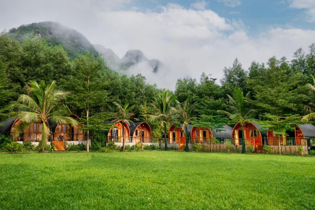 a row of houses in a field with palm trees at Chay Lap Farmstay Phong Nha in Ðá Lòn
