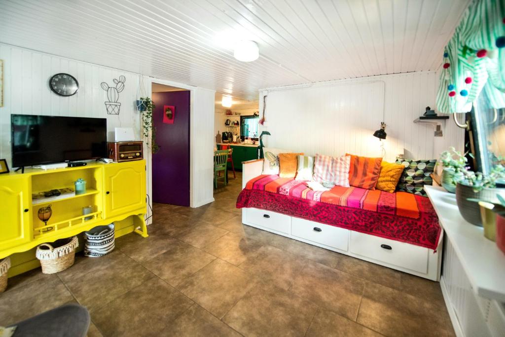 1 dormitorio con 1 cama y TV en una habitación en Boho House 1 in camp Terme Catez, en Čatež ob Savi