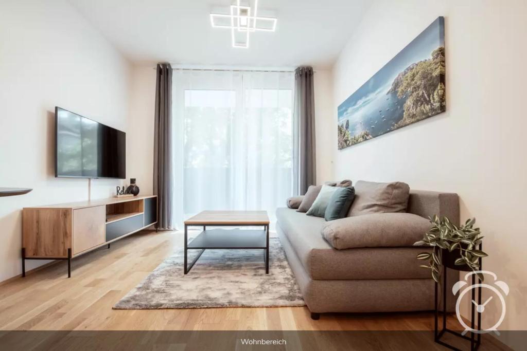 Stilvolle 2-Zimmer Wohnung in Graz-Lend في غراتس: غرفة معيشة مع أريكة وتلفزيون