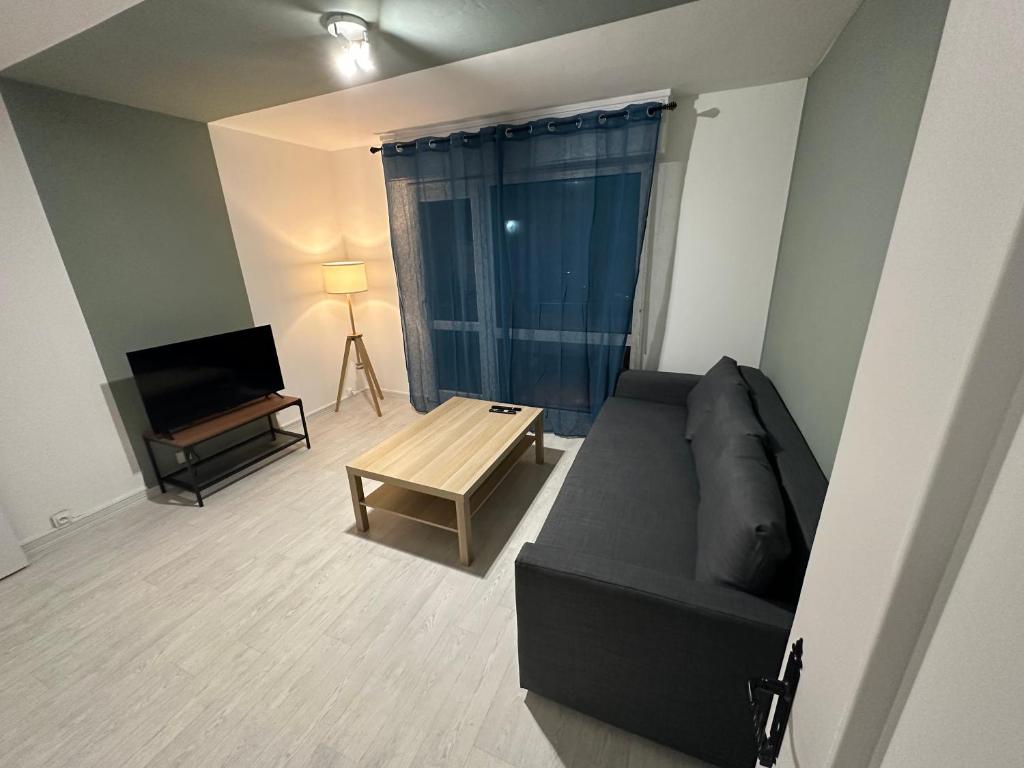 a living room with a couch and a table at Appartement rénové - F3 avec 3 lits in Mulhouse
