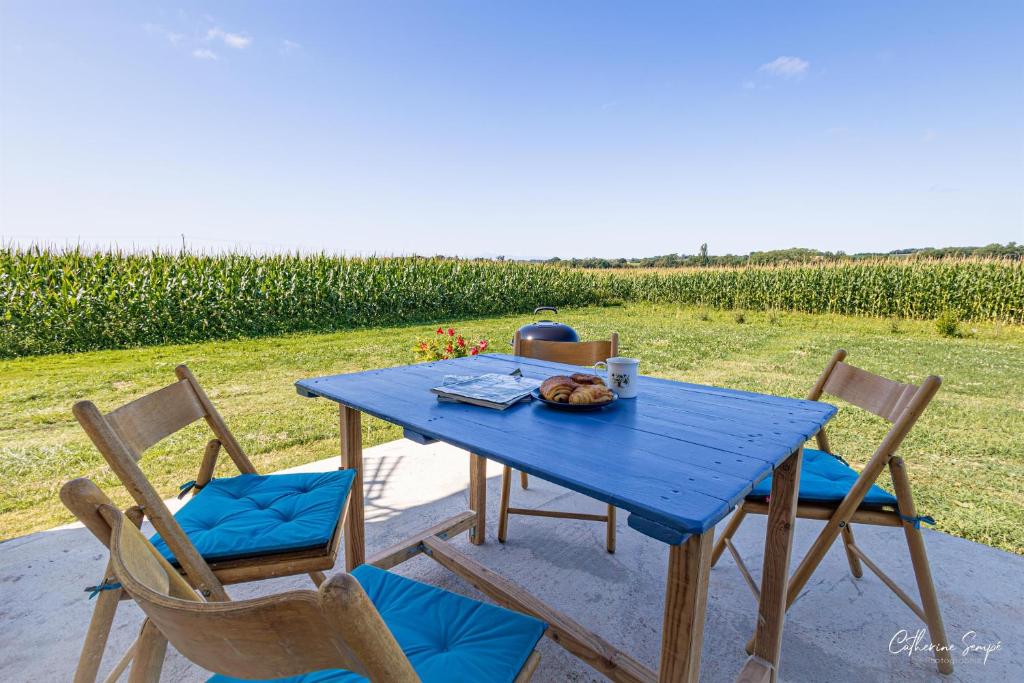 einen blauen Tisch mit zwei Stühlen und eine Schale Obst darauf in der Unterkunft Les Petits Faulongs 