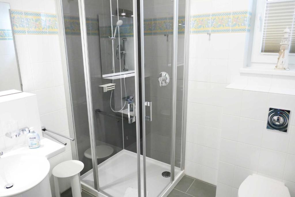 バンシンにあるSeehof 2_02のバスルーム(シャワー、トイレ、シンク付)